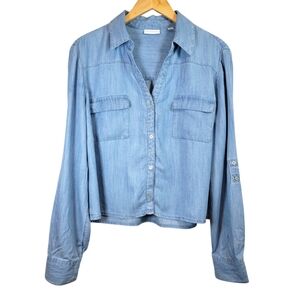 NY&Co 100% Lyocell Chambray Cropped Roll Tab Shirt Sz XL Western Stagecoach EUC